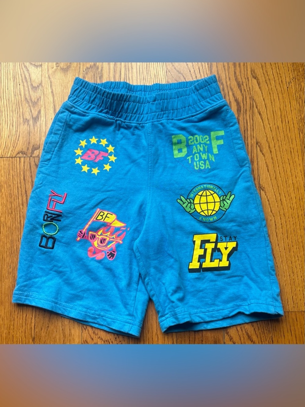 Born Fly Blue Sweat Shorts “Stay Fly” Anytown USA Graphic Kids/Youth Size 7